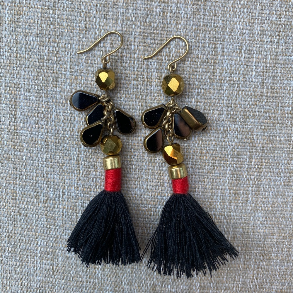 J CREW Black Red & Gold Tassel Drop Earrings